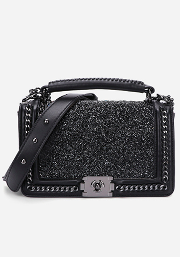 Ingrid Vegan Leather Stone Medium Chain Bag Black