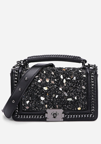 Ingrid Vegan Leather Stone Medium Chain Bag Black White