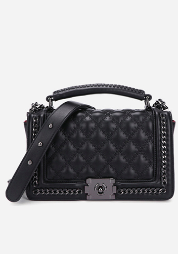 Ingrid Vegan Leather Quilted Medium Chain Bag Black