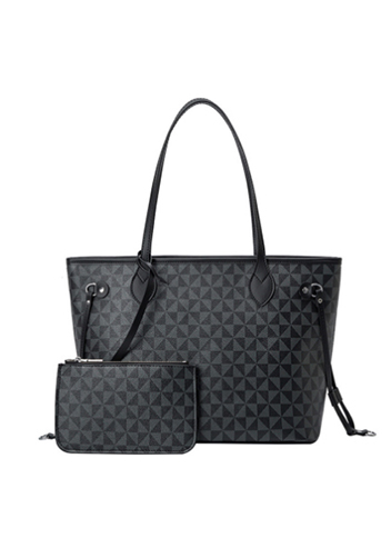 Louisa Triangle Checked Vegan Leather Tote Black