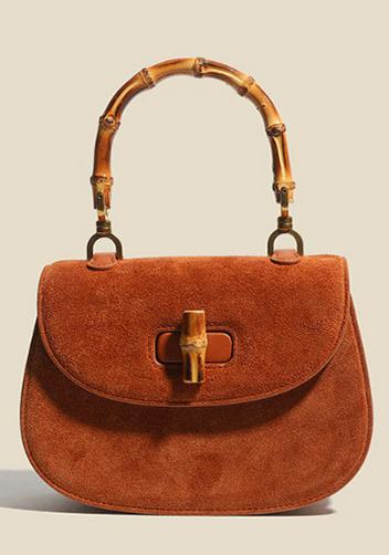 Miss Gaga Top Handle Flap Suede Bag Camel