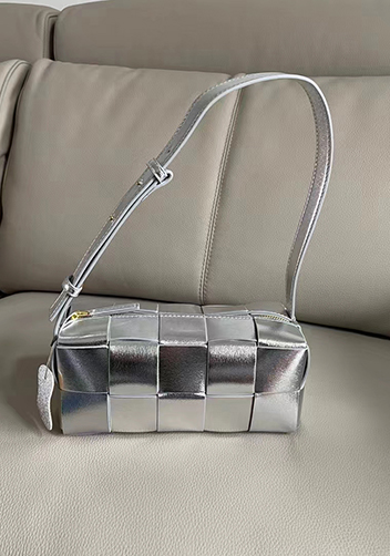 Mia Woven Smooth Leather Medium Shoulder Bag Silver
