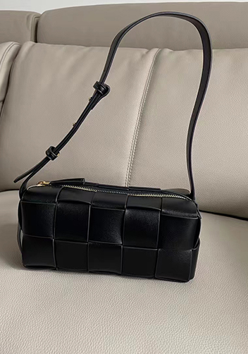 Mia Woven Smooth Leather Medium Shoulder Bag Black