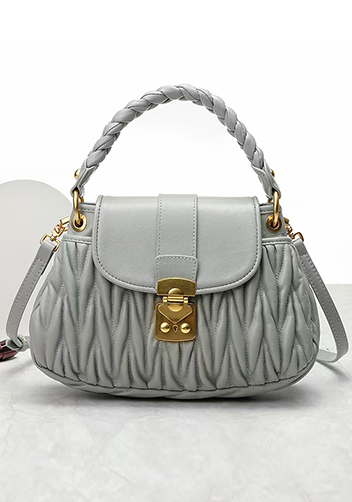 Nina Pleated Leather Top Handle Shoulder Medium Bag Grey