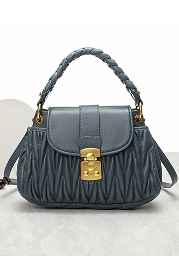 Nina Pleated Leather Top Handle Shoulder Medium Bag Blue