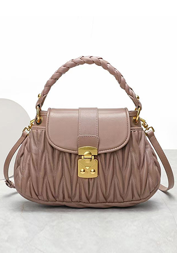 Nina Pleated Leather Top Handle Shoulder Medium Bag Beige