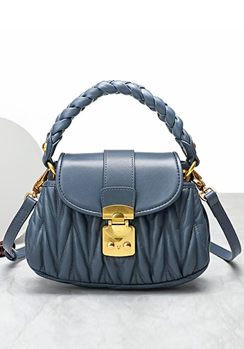 Nina Pleated Leather Top Handle Shoulder Small Bag Blue