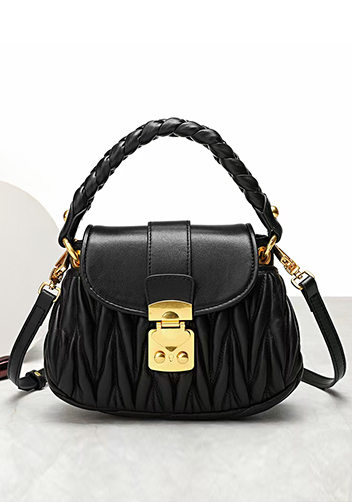 Nina Pleated Leather Top Handle Shoulder Small Bag Black