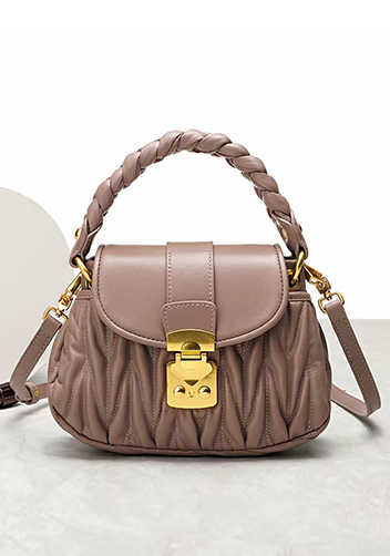 Nina Pleated Leather Top Handle Shoulder Small Bag Beige