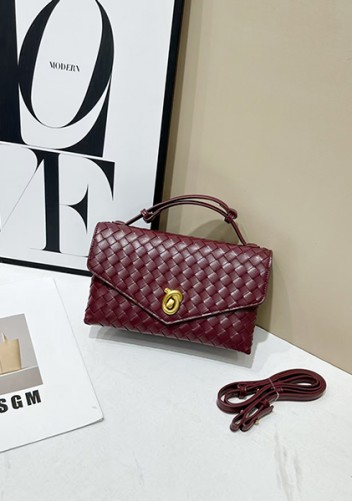 Envelope Lock Woven Vegan Leather Bag Wine