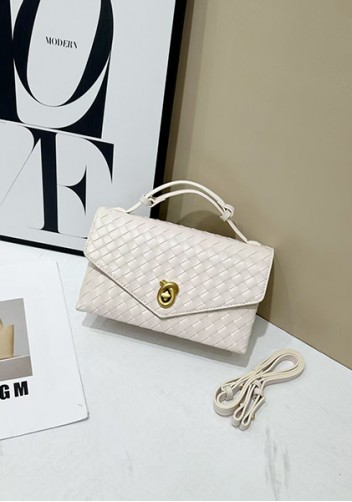 Envelope Lock Woven Vegan Leather Bag White