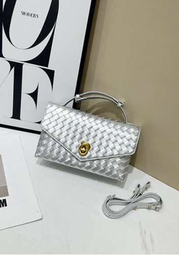 Envelope Lock Woven Vegan Leather Bag Silver