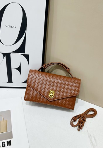 Envelope Lock Woven Vegan Leather Bag Brown