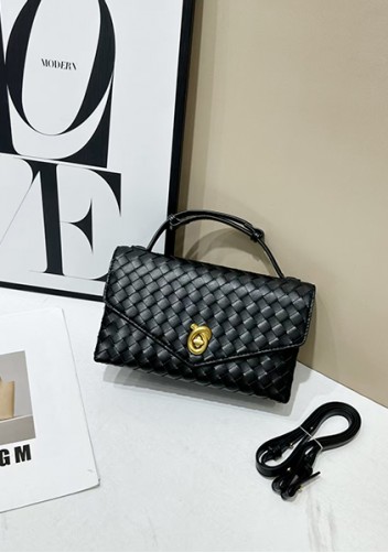 Envelope Lock Woven Vegan Leather Bag Black