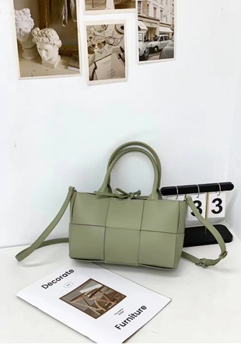 Mia Woven Leather 6 Squares Mini Tote Stone Green
