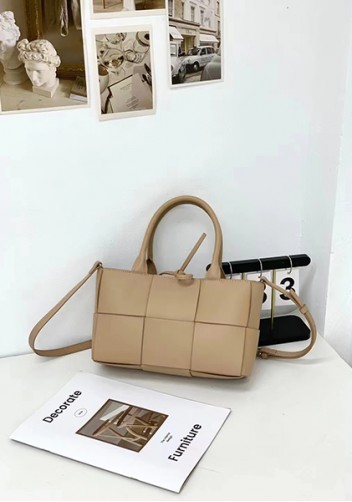 Mia Woven Leather 6 Squares Mini Tote Beige