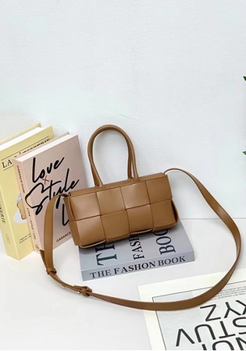 Mia Woven Leather 8 Squares Mini Tote Camel