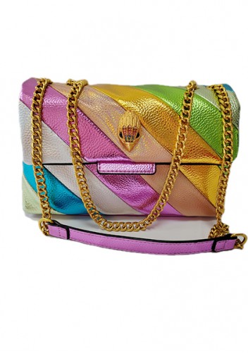 Adele Rainbow Flap Medium Bag Faux Leather Strips Green Eagle
