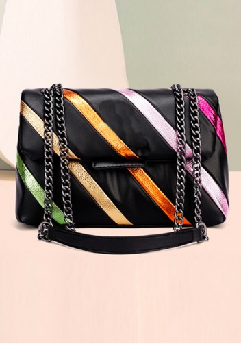 Adele Rainbow Flap Medium Bag Faux Leather Strips Black