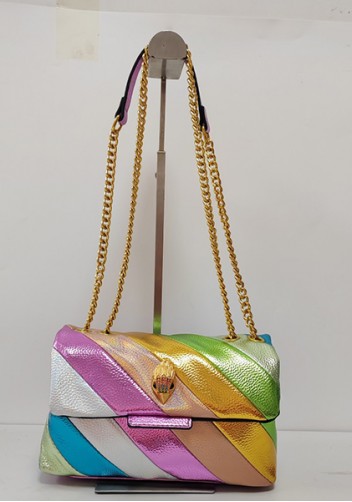 Adele Rainbow Flap Medium Bag Faux Leather Strips Green Eagle