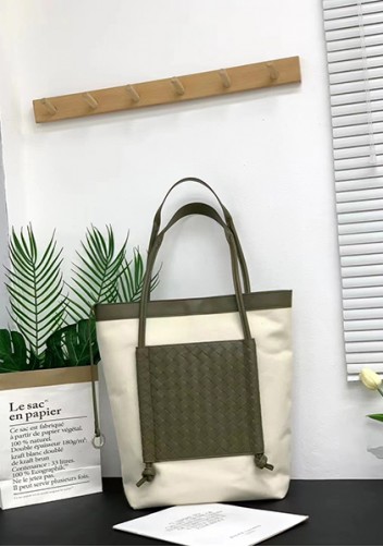 Mia Woven Leather Canvas Vertical Tote Green