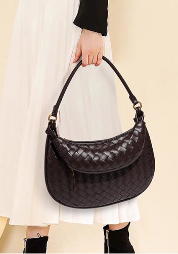 Gemini Woven Vegan Leather Medium Shoulder Bag Choco