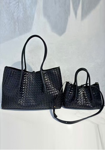 Mia Gallery Woven Leather Shoulder Large Bag Black