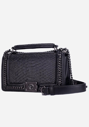 Ingrid Vegan Leather Snake Medium Chain Bag Black