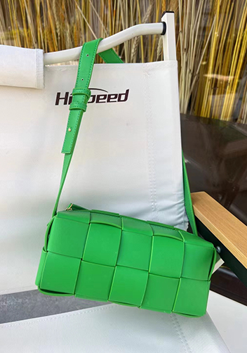 Mia Woven Smooth Leather Medium Shoulder Bag Parrot Green