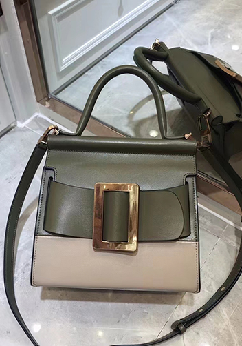 Alena Buckle Belt Top Handle Bag Green Beige